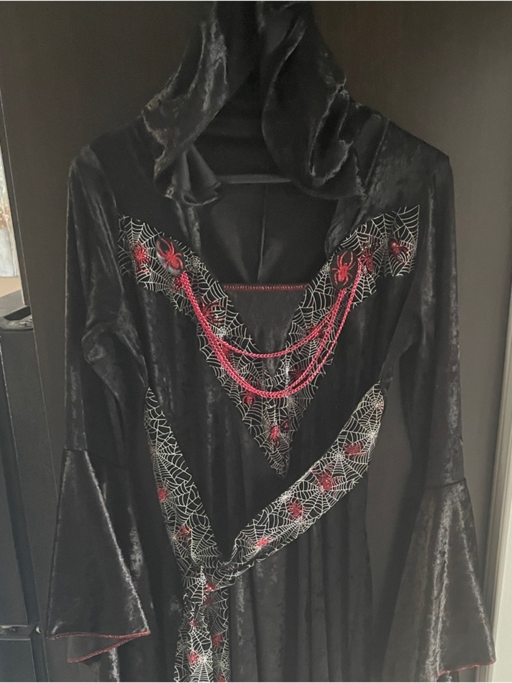 HALLOWEEN👻Black Velvet Hooded Gothic Dress with Red Accents